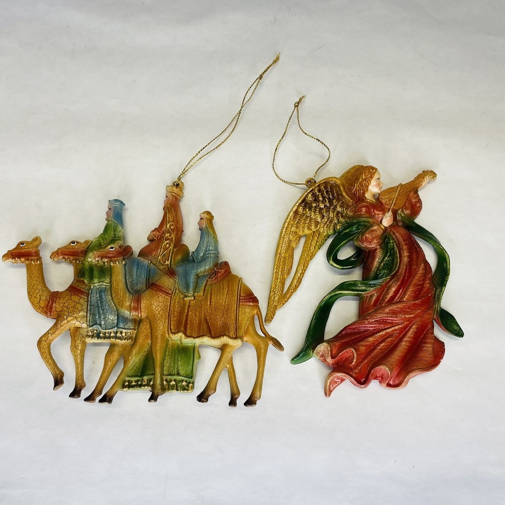 Vintage Christmas Hard Plastic Ornaments 3 Wise Men On Camels Nativity & Angle